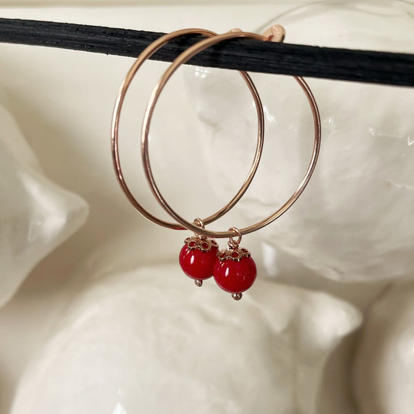 Red Boules Wire Earrings | Rose Gold
